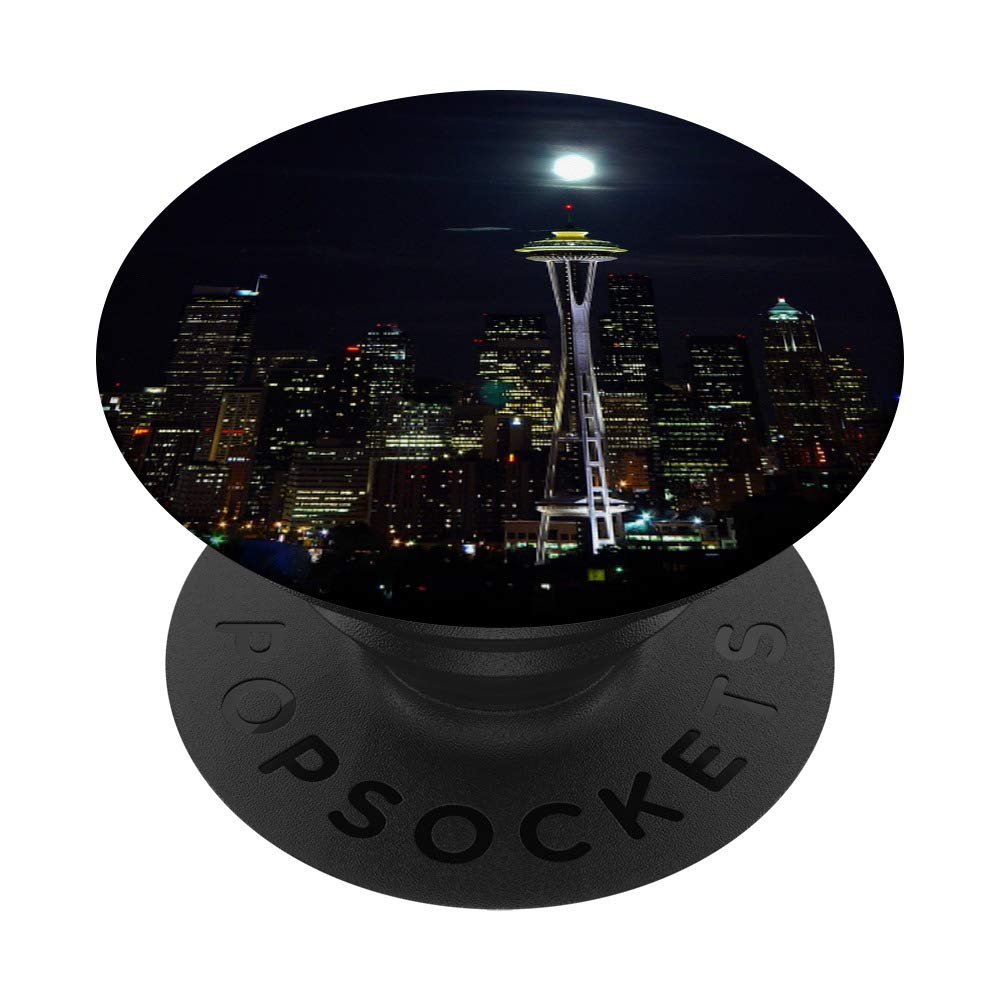 Seattle Washington City Space Needle at Night Full Moon PopSockets PopGrip: Swappable Grip for Phones & Tablets PopSockets Standard PopGrip