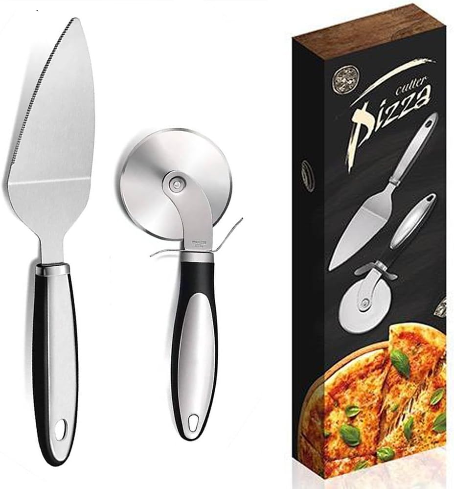 Pizza Wheel Cutter Server Set, Multipurpose Stainless Steel Pizza Cutter Pie Spatula with Sharp Blade for Cutting Pies, Pizza Slicer with Safety and Comfort Grip for Cutting Pizza and More