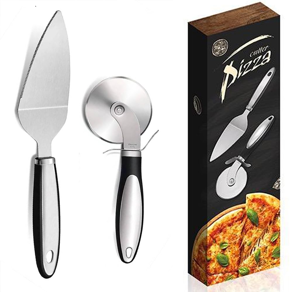Pizza Wheel Cutter Server Set, Multipurpose Stainless Steel Pizza Cutter Pie Spatula with Sharp Blade for Cutting Pies, Pizza Slicer with Safety and Comfort Grip for Cutting Pizza and More