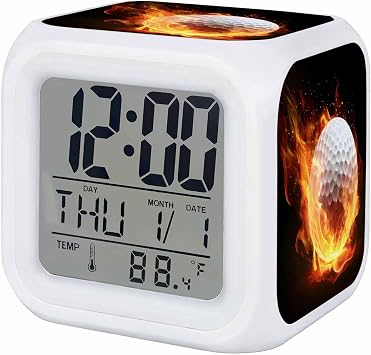 Alarm Clocks Flame Golf Ball Digital Clock 7 Color LED Night Light Silent Non-Ticking Battery Operated Sports Black Cube Clocks Decorative for Bedroom Bedside Living Room Office School Home Decor