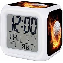 Alarm Clocks Flame Golf Ball Digital Clock 7 Color LED Night Light Silent Non-Ticking Battery Operated Sports Black Cube Clocks Decorative for Bedroom Bedside Living Room Office School Home Decor