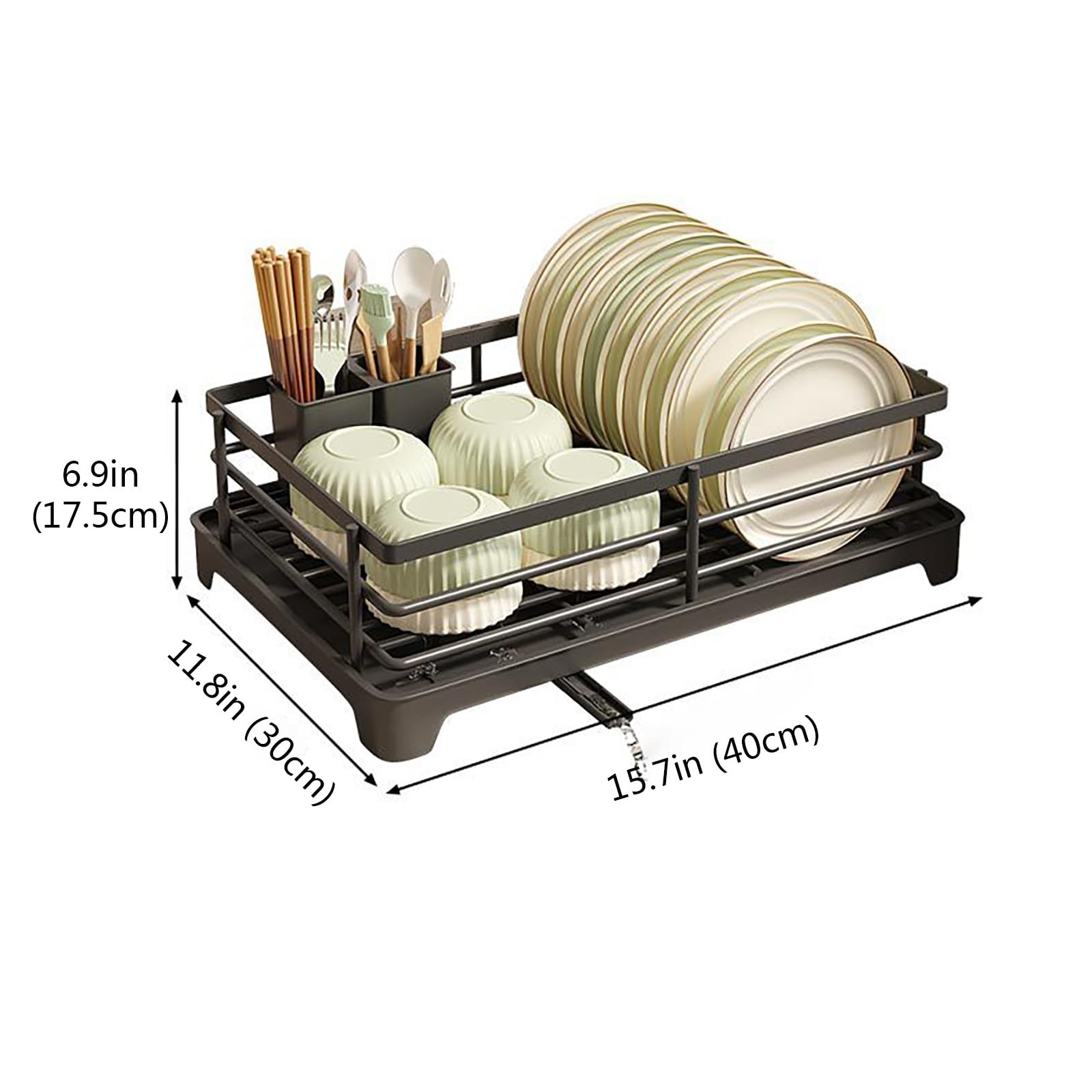 Geschirrkorb aus Eisen mit Abtropffläche und Besteckhalter, extra groß, platzsparendes Design für Küchenspülen, rostfrei und robust (Schwarz, Groß)