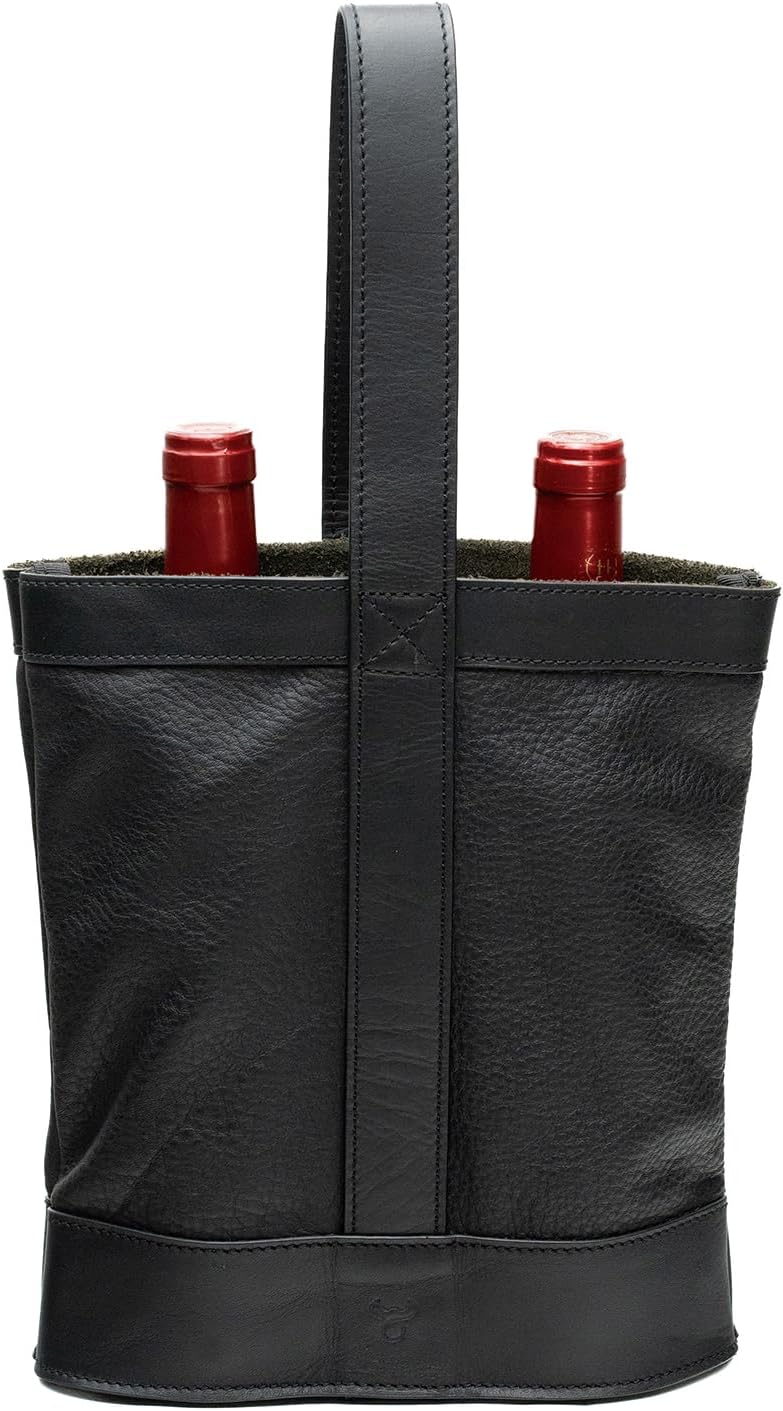 Double Wine Carrier Bag – Leather Wine Tote for Two Bottles with Handle – Protective Carrier for Picnic, Wine Champagne Gift Bag (Black)