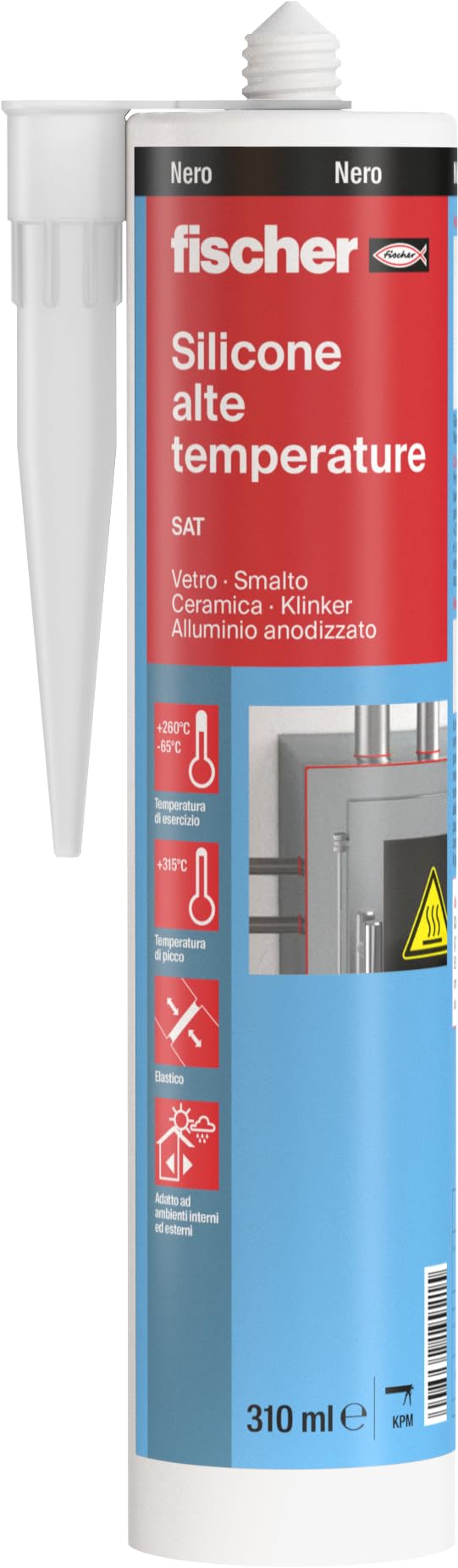Fischer SAT Silicone Alte Temperature, Nero, Fino a 315°, Sigillante per Canne Fumarie, Tubazioni, Giunti, Caminetti, Stufe, Piani Cottura, 524771