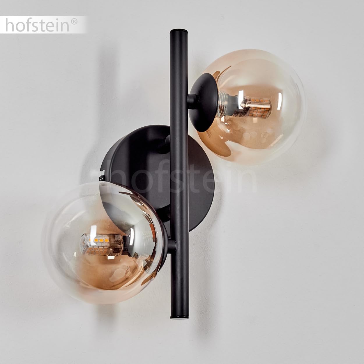 Wandleuchte Chehalis, Wandlampe aus Metall/Glas in Schwarz/Bernstein/Klar, Leuchte im modernen Retro/Vintage-Design m. Schirmen aus Glas (Ø 10cm) u. An/-Auschalter am Gehäuse, 2x G9, ohne Leuchtmittel