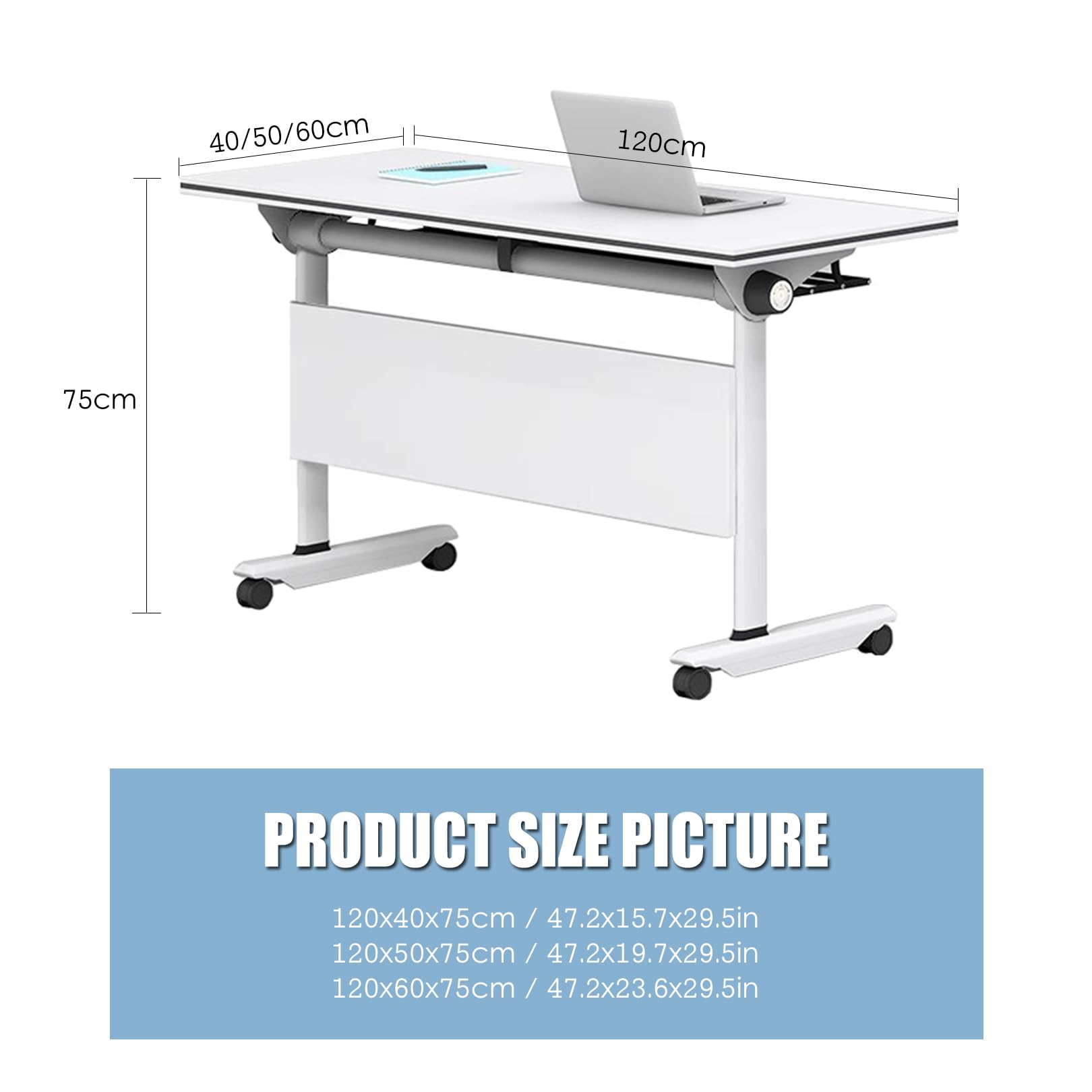 Tragbarer, klappbarer Konferenztisch, weiß, mit leisen Rollen, ideal für Büroseminare, Meetings und vielseitige Nutzung. Platzsparendes Design.