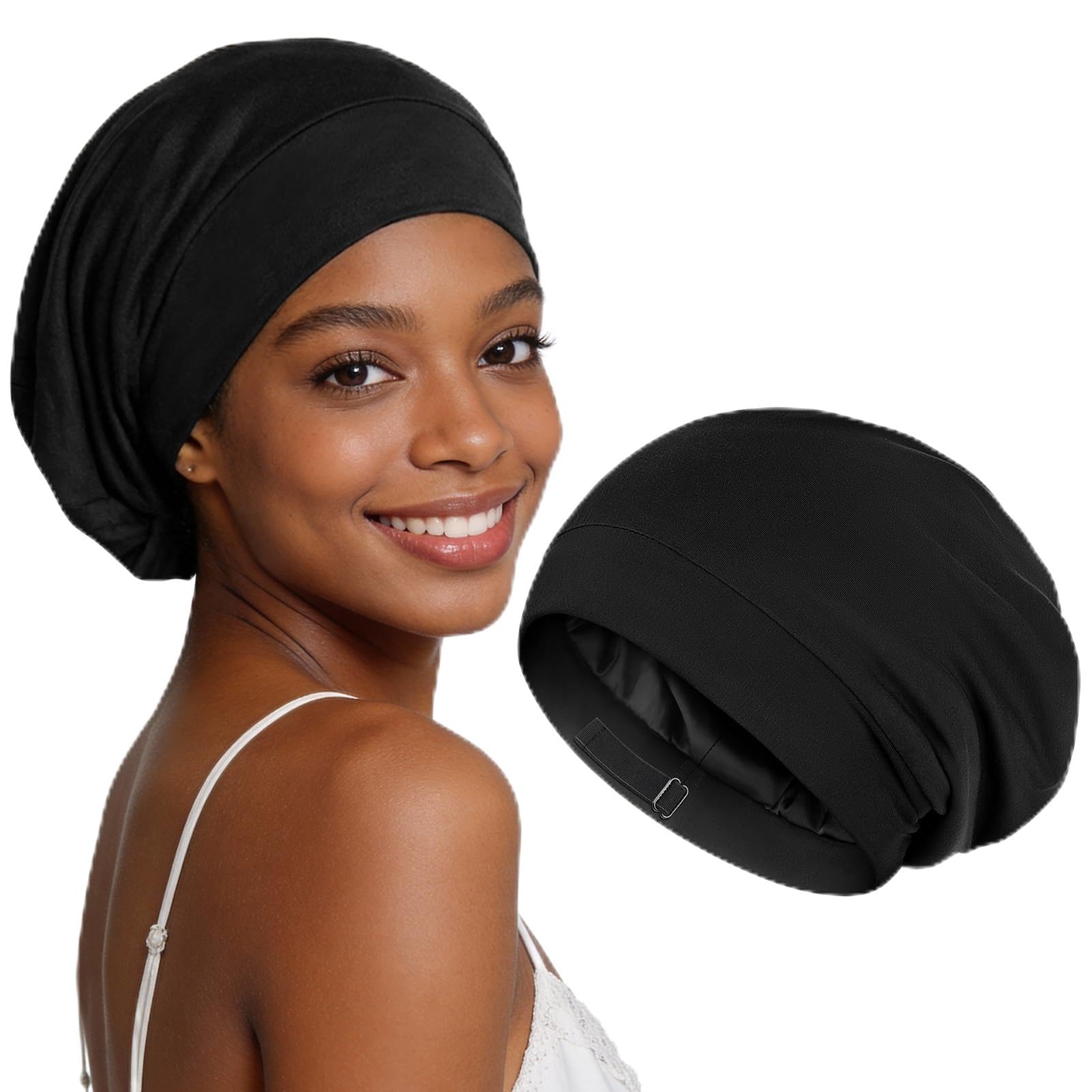 Kiiwah Schlafhaube zum Schlafen, Bambusfaser Schlafmütze Unisex Verstellbare Schlafhaube Seide, Weiche Satin Haarhaube Schlafmütze für Die Nacht, Silk Bonnet Haare für Damen Herren(Schwarz