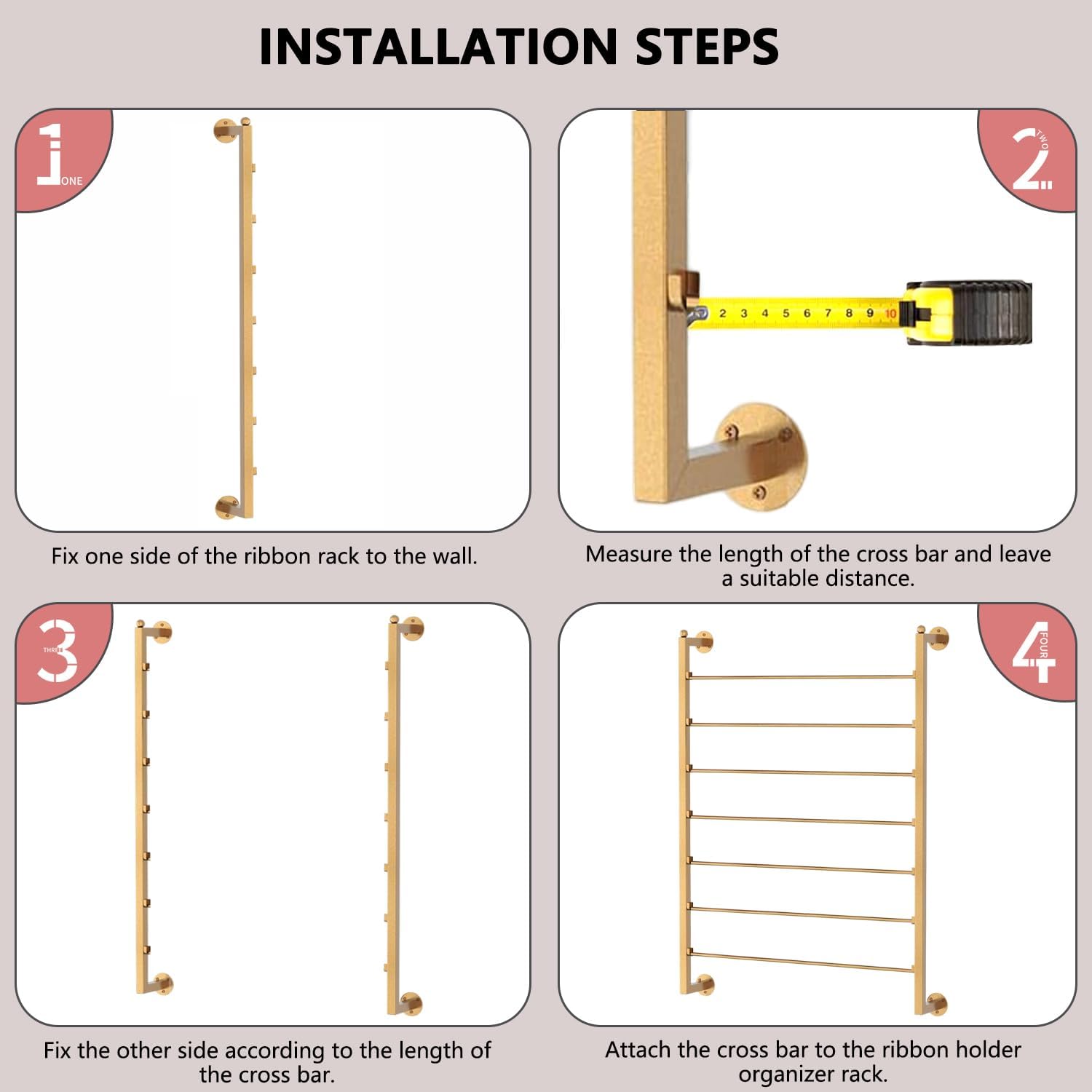 Ribbon Organizer, 7 Tier Wall Mounted Metal Holder ,Holiday/Birthday Gift Wrapping Organizer Storage Ribbon Storage Rack for Craft Cake Shop Flower Store,Tie Scarf Rack Belt Towel Holder(Gold)