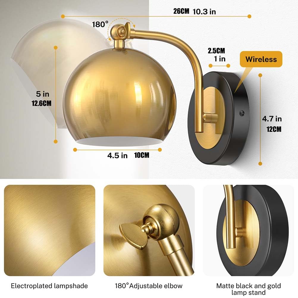 AoLa Innen Wandleuchte Dimmbar mit Fernbedienung Wandlampe E27 Verstellbare Kabellos Wandbeleuchtung Gold Kugel Metall Nachttischlampe Retro Industrial Batteriebetrieben Wand Leselampe,2pack