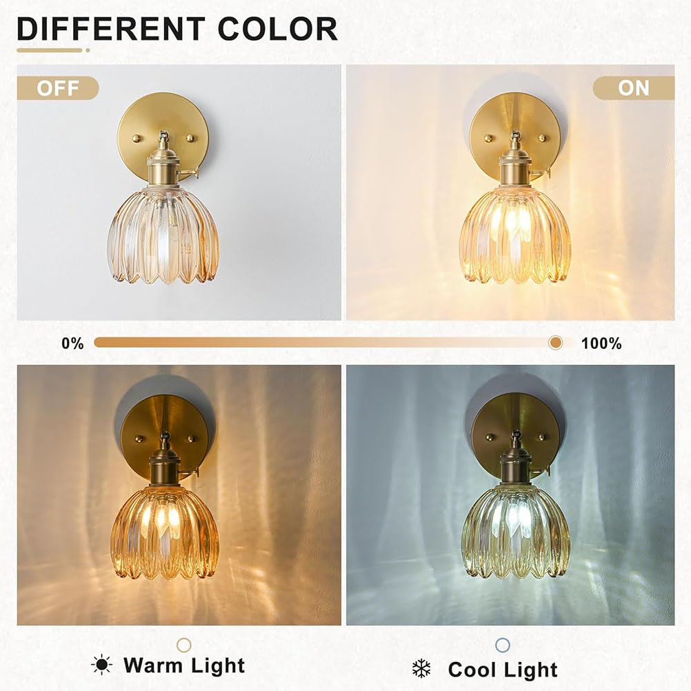 AoLa E27 Vintage Kinkiet wewnętrzny, regulowany w zakresie 180° kinkiet do czytania złoty lamp ścienna z włącznikiem i abażurem w kształcie tulipana lampka nocna do sypialni salonu łazienki