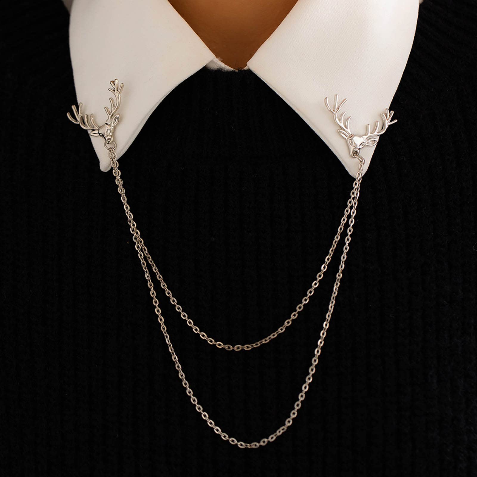 Deer Head Silver Brooch Pin Double Chain Brooches Animals Deer Brooches Shirts Neck Collar Tips with Tassel Chain Blouse Lapel Pin Suit Wedding Brooch for Women and Girls