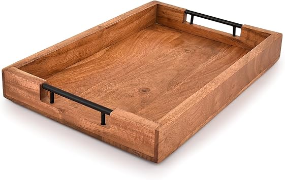Tray with Metal Handles Acacia Wood Serving Tray Decorative Ottoman Coffee Table Tray for Living Room Kitchen Food Tray 15" X 10" X 1.6"