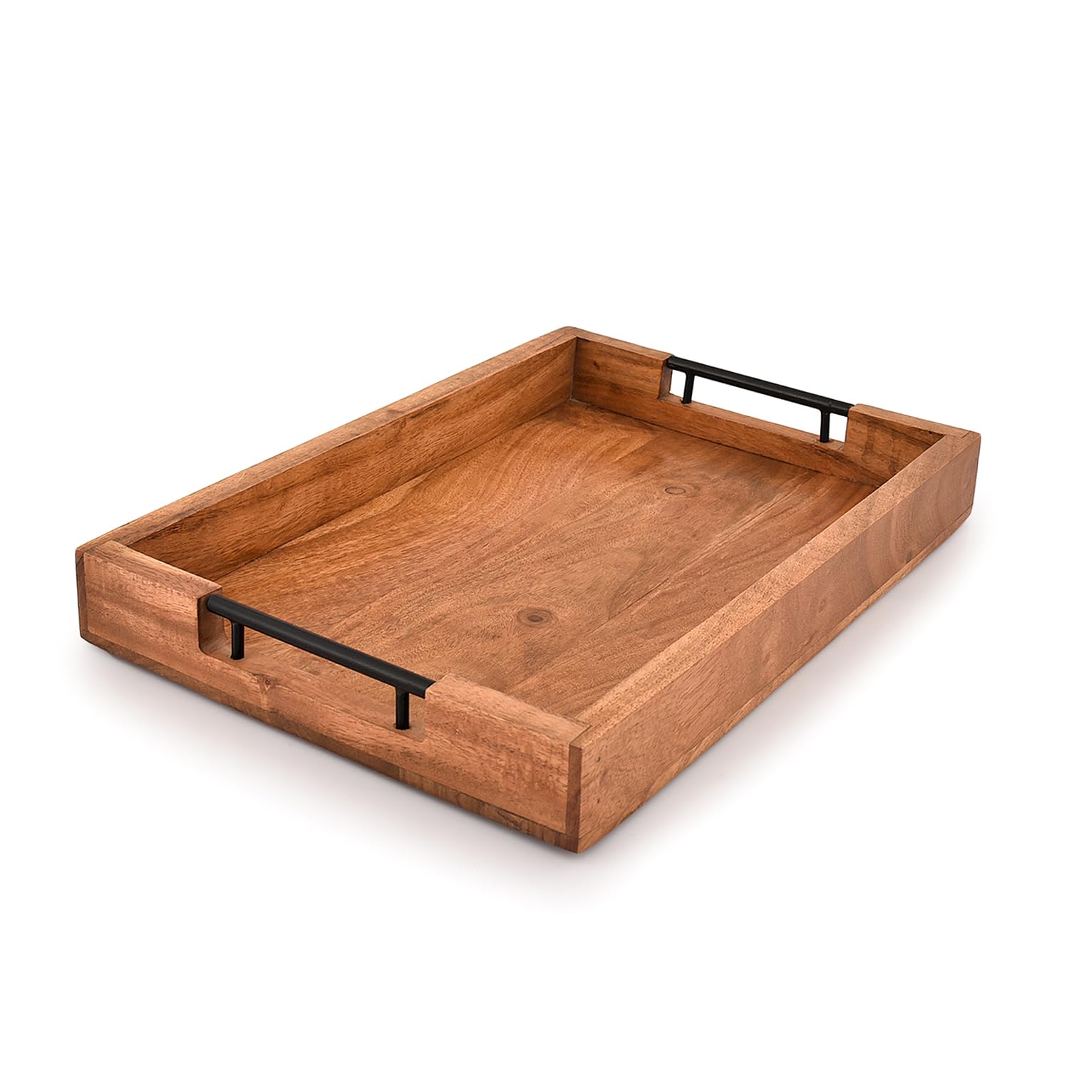 Mahasu Acacia Wood Serving Tray with Metal Handles - Decorative Ottoman Coffee Table for Living Room Kitchen Food (15" X 10" X 1.6")