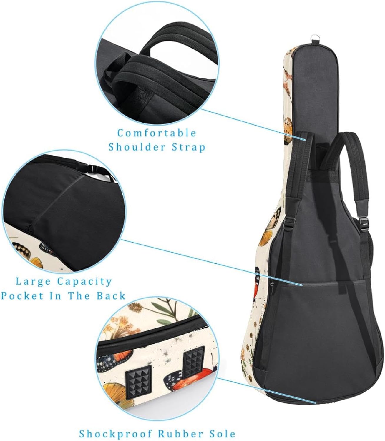 40 41 42 Inch Guitar Bags, Waterproof Padded Acoustic Guitar Case Backpack with Adjustable Shoulder Strap & Pockets, Seamless Butterflies Flowers Floral Pattern
