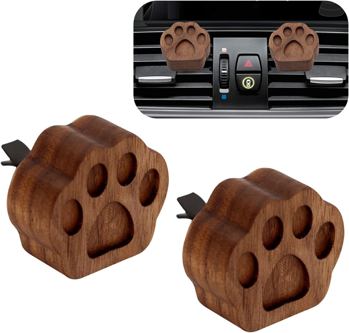 アロマディフューザー 木製車用 クリップ 芳香剤 動物の足跡 ライト 天然ウッド黒胡桃の木 使用 車 容器 アロマストーン ティンバーカー 2個入