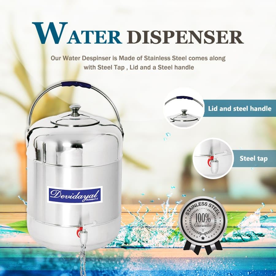 Image of Stainless Steel Water Dispenser with Tap | Water Storage Container with Steel Handle | 25 Liters Steel Matka /Pot for Drinking | Silver