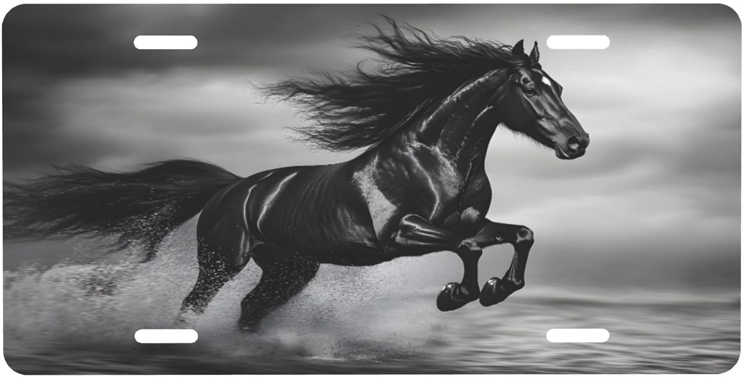 License Plate, Animal Black Horse Front License Plate Aluminum Metal Car Plates Decorative Vanity Tag Decor Novelty Car Tag for Truck SUV Rv Cars Auto Accessory for Women Men 6 X 12 Inch