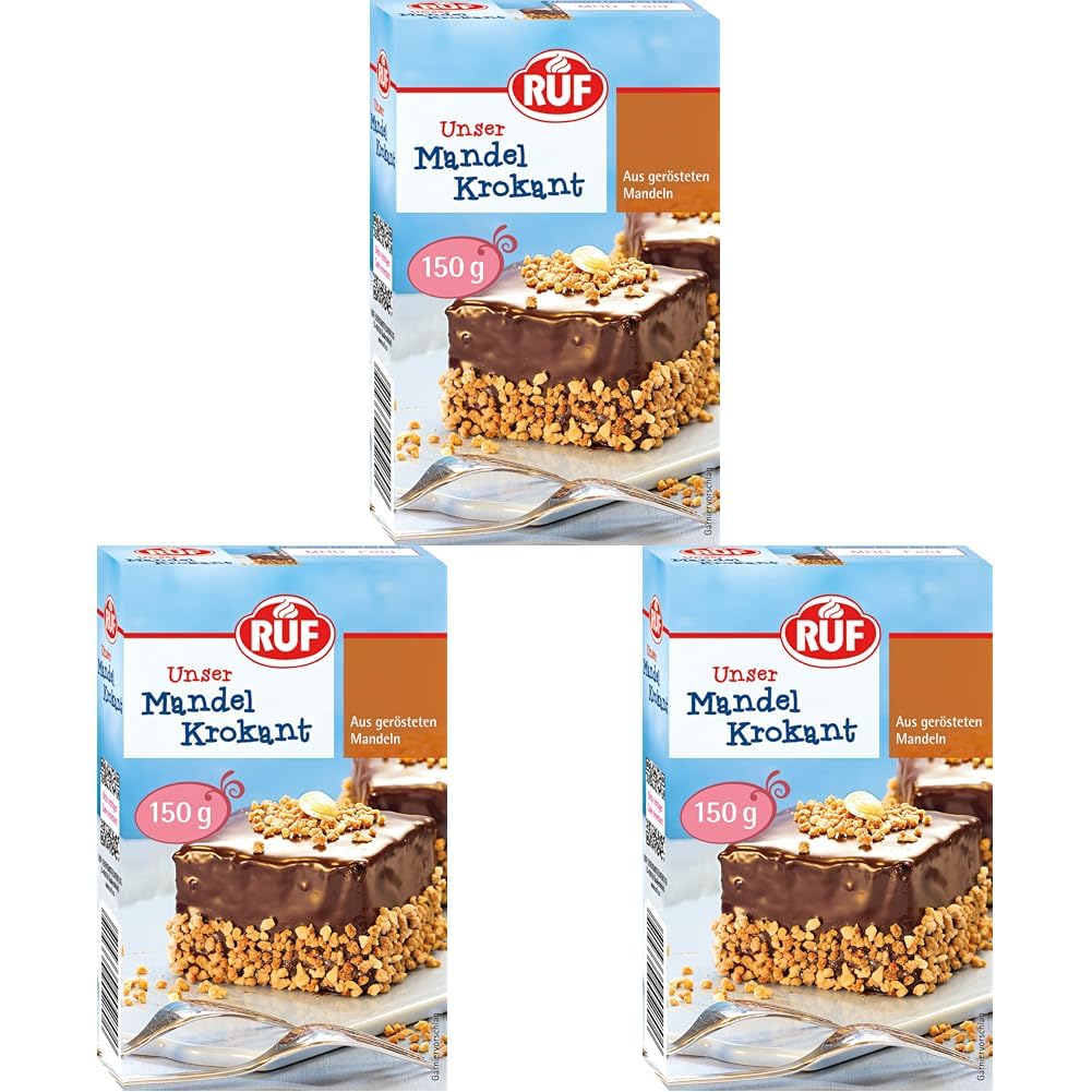 RUF Mandel-Krokant, geröstete Mandeln karamellisiert zum Garnieren von Creme-Torten, Apfel-Kuchen, Plätzchen, Pralinen & Eis, glutenfrei & vegan (Packung mit 3)