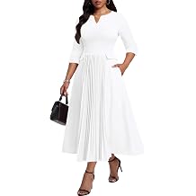 Nmoder Maxi Long Dress for Women, Casual Pleated 3/4 Sleeve V Neck Empire Waist Dresses with Pockets