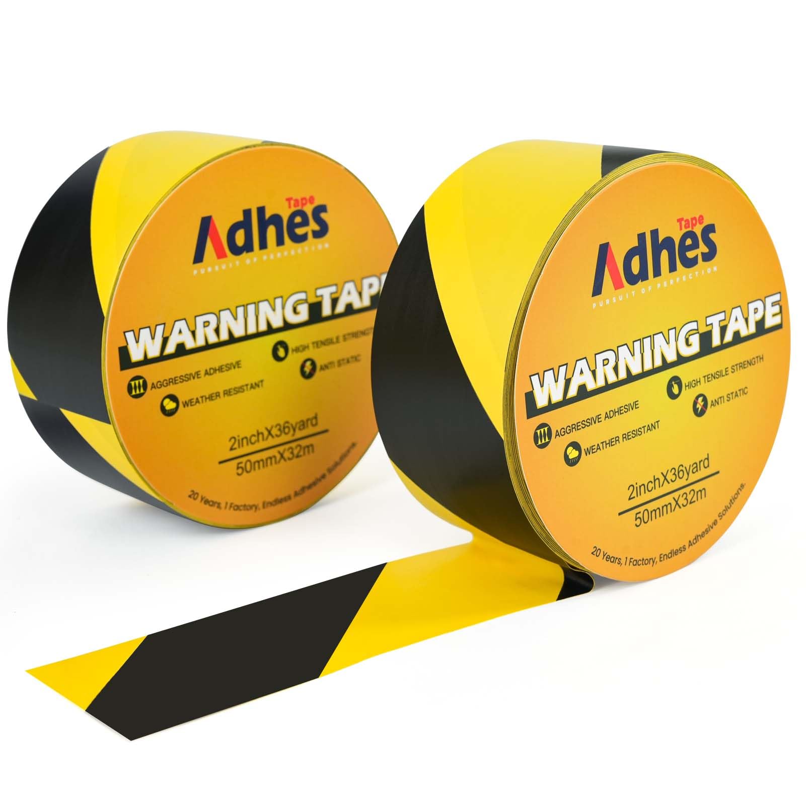 ADHES Hazard Tape Black Yellow Safety Warning 2 Rolls 50mm x 32m High Visibility Stripe PVC Self Adhesive Strong Adhesive Warning/Caution Tape, Floor Marking Tape