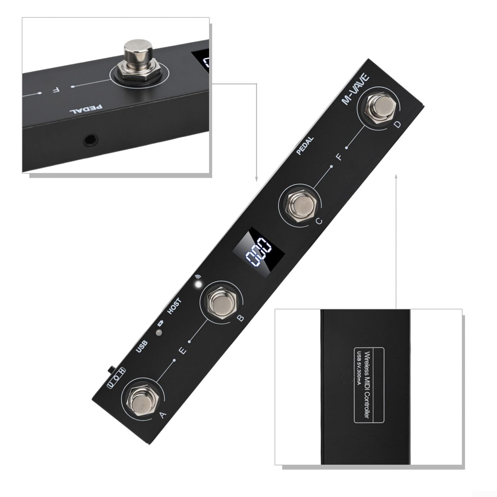 Controller MIDI-Footswitch ricaricabile a 4 pulsanti per M-VAVE Chocolate Plus, pedale BLE wireless USB con batteria da 300 mAh, compatibile con app Page-Turner (nero)