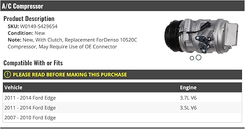 Compresor de A/C - 10S20C - Compatible con Ford Edge 3.5L 3.7L V6 2007-2014
