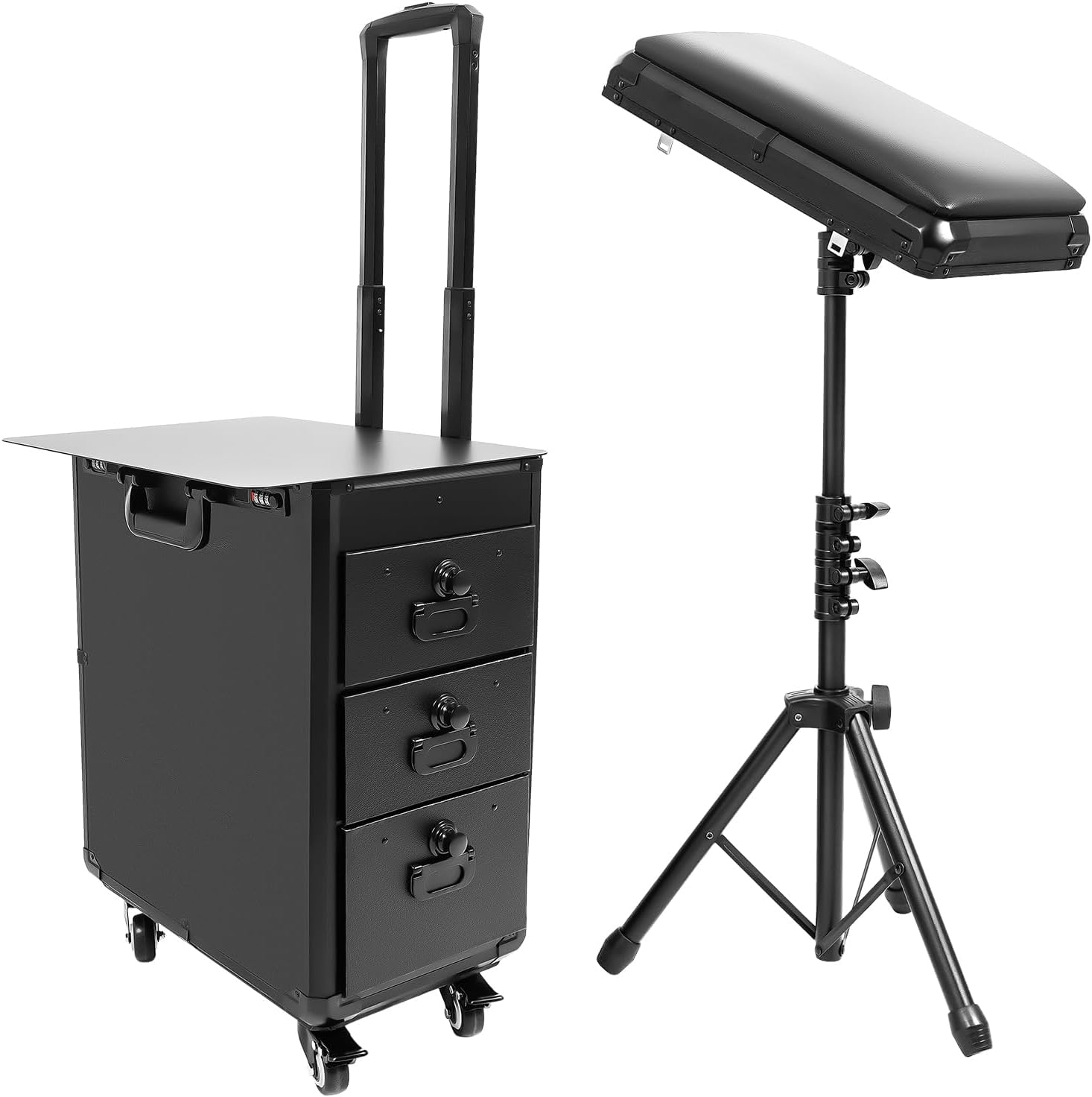 Futchoy 2 in 1 Kosmetikkoffer Trolley mit Armlehnenständer,Schminkkoffer Nagelkoffer mit Rollen,Tattoo-Station Koffer 3 Schubladen,Make-up Koffer für Tattoo, Beauty-Werkzeuge, Schwarz (Acrylplatten)