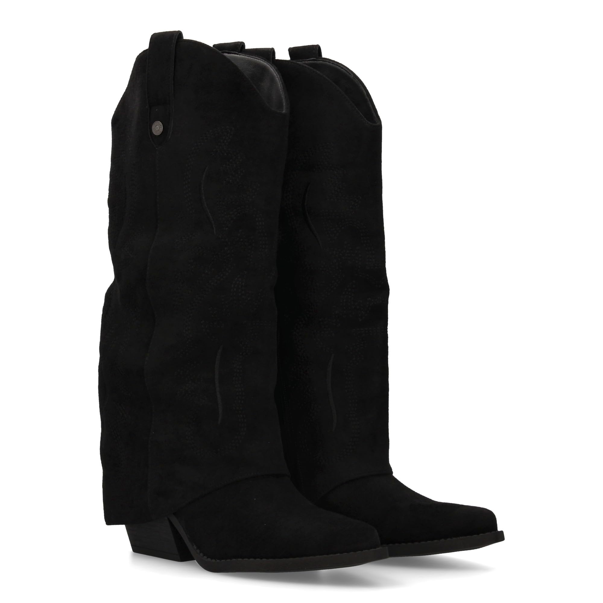 Bota para Mujer Estilo Cowboy, acabada en Punta y con Grabados Bordados en la Cana. Tacon Cubano y Cierre de Cremallera. Ideal Otono Invierno.