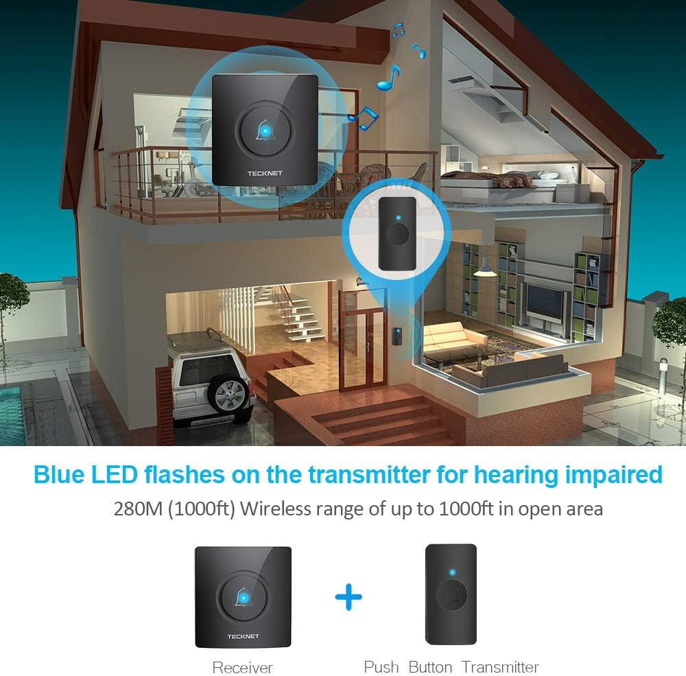 Wireless Doorbell, TeckNet Waterproof Door Bell Chime Kit Operating at 1000 Feet with 38 Melodies, 4 Volume Levels & LED Light Flash (Black) - - 