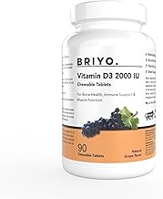 Briyo Vitamin D3 2000 IU D3 Tablets to Maintain & Raise Vitamin D3 Levels- Bone, Teeth, Muscle, Immune Health Support - Natural Grape Flavor - 90 chewable Tablets Pack