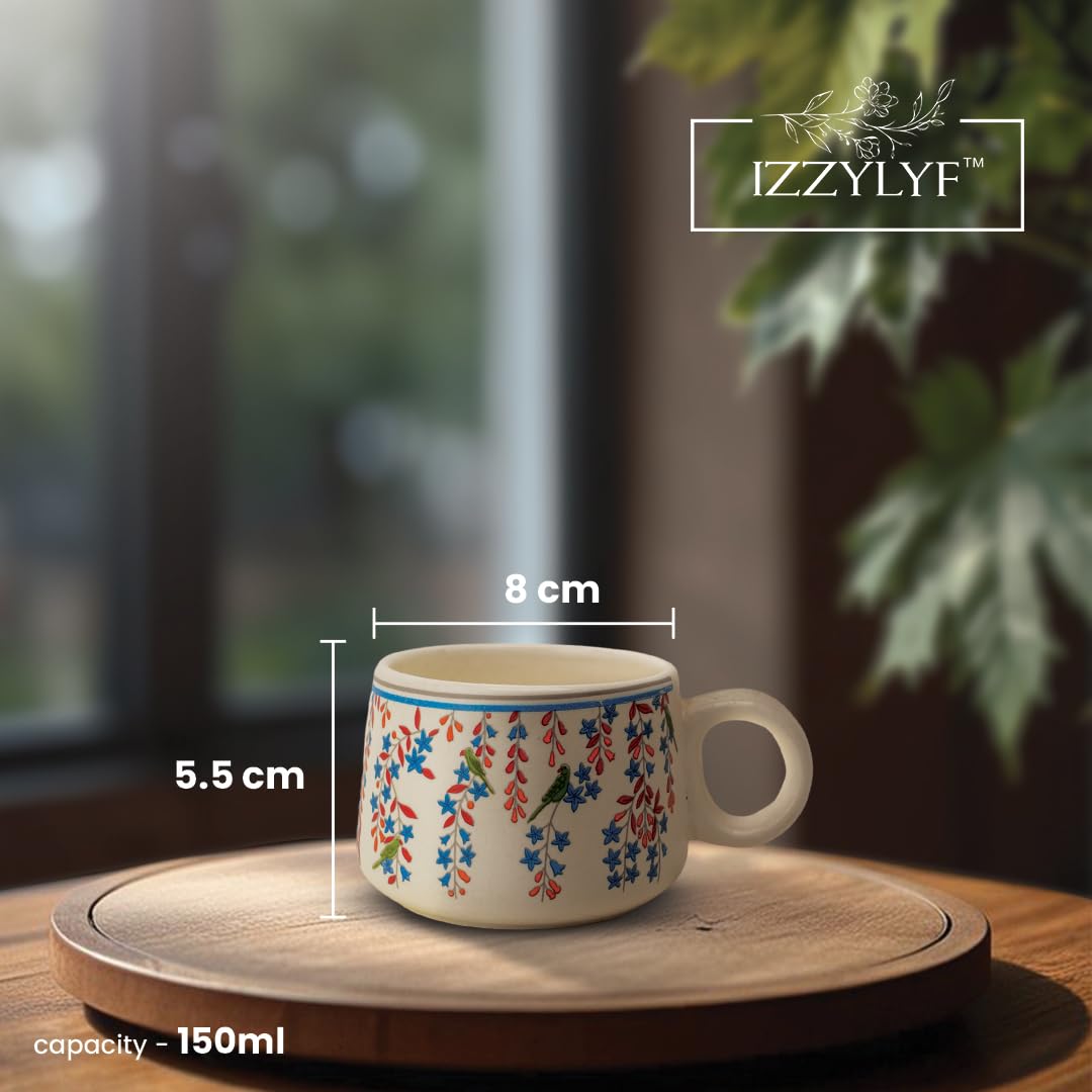 IZZYLYF 'Artisan Leaf' Ceramic Tea Cups Set of 6 (150 ml Each) | Microwave & Dishwasher Safe Tea Cups with Handle for Tea, Coffee & Chai | Tea Cups for Gifting, Home, Cafe & Office Use 1