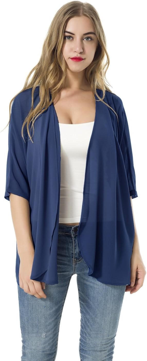 XINAO Women's Open Front Casual Solid Comfy Light Short Sleeve Chiffon Cardigan (S, Blue)