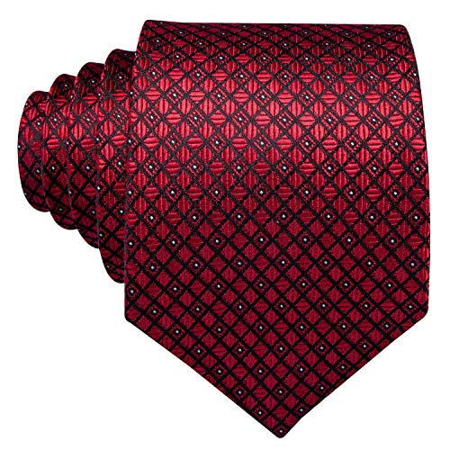 YOHOWA Mens Plaid Ties Burgundy Silk Necktie Pocket Square Cufflinks Set Formal Party Wedding Elegant Box
