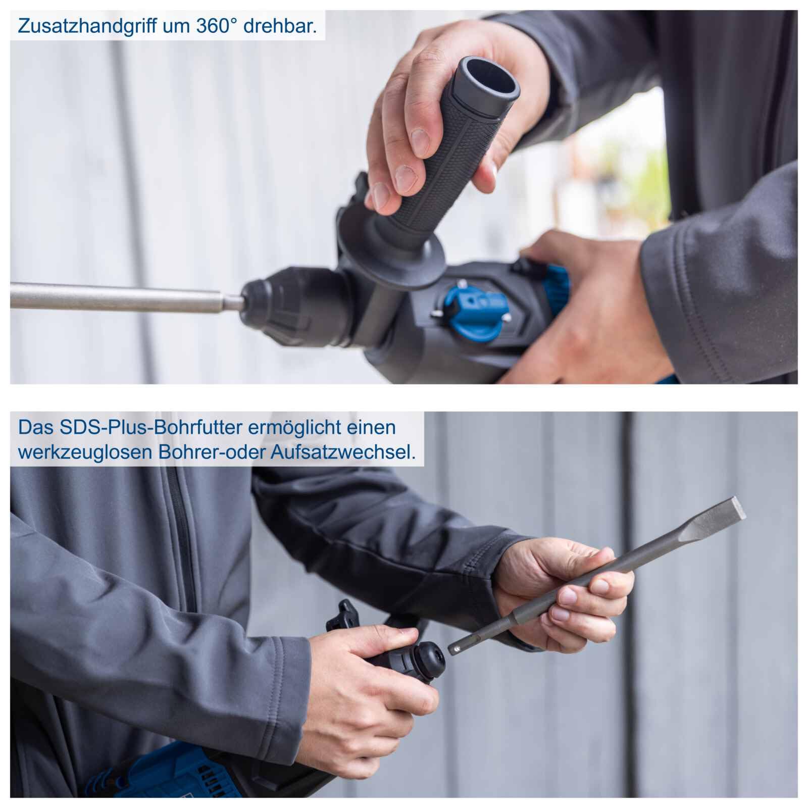 Scheppach Martillo perforador DH2260 SDS-Plus | 26 mm de potencia de perforación para hormigón | 1050 W | 3 julios de fuerza de impacto | función 4 en 1 | 5500 bpm | velocidad variable | agarre suave