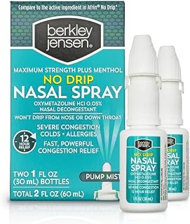 berkley jensen No Drip Severe Congestion Nasal Spray - Maximum Strength Decongestant with Oxymetazoline HCl & Menthol - Pump Mist Applicator, No Steroid, 12 Hour Relief, 1 Fluid Ounce (Pack of 2)