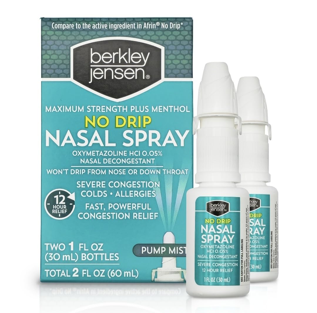 berkley jensen No Drip Severe Congestion Nasal Spray - Maximum Strength Decongestant with Oxymetazoline HCl & Menthol - Pump Mist Applicator, No Steroid, 12 Hour Relief, 1 Fluid Ounce (Pack of 2)