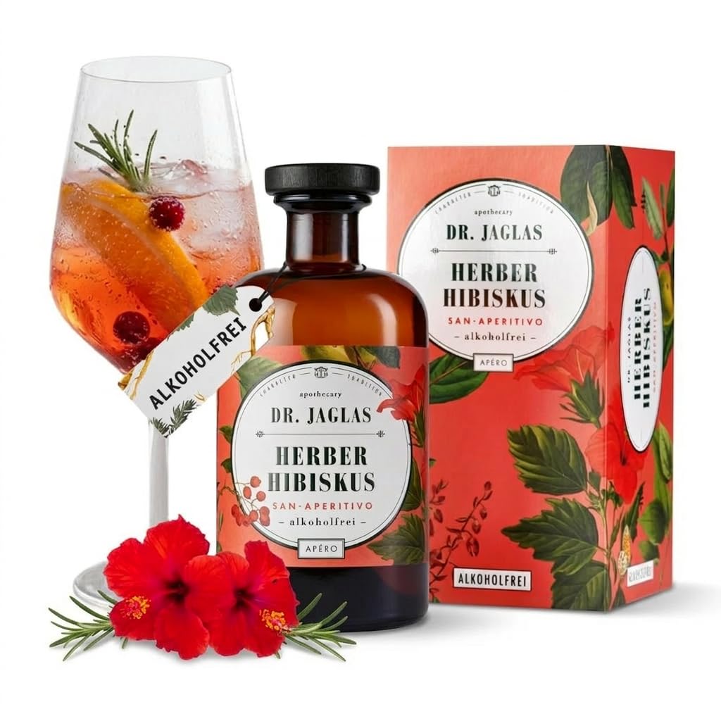 Dr. Jaglas Herber Hibiskus San Aperitivo im Geschenkkarton alkoholfreier Aperitif - alkoholfrei herb und süß mit Whisky Note - als Hibiskus Spritz mit Tonic - ohne künstliche Zusätze - 500ml