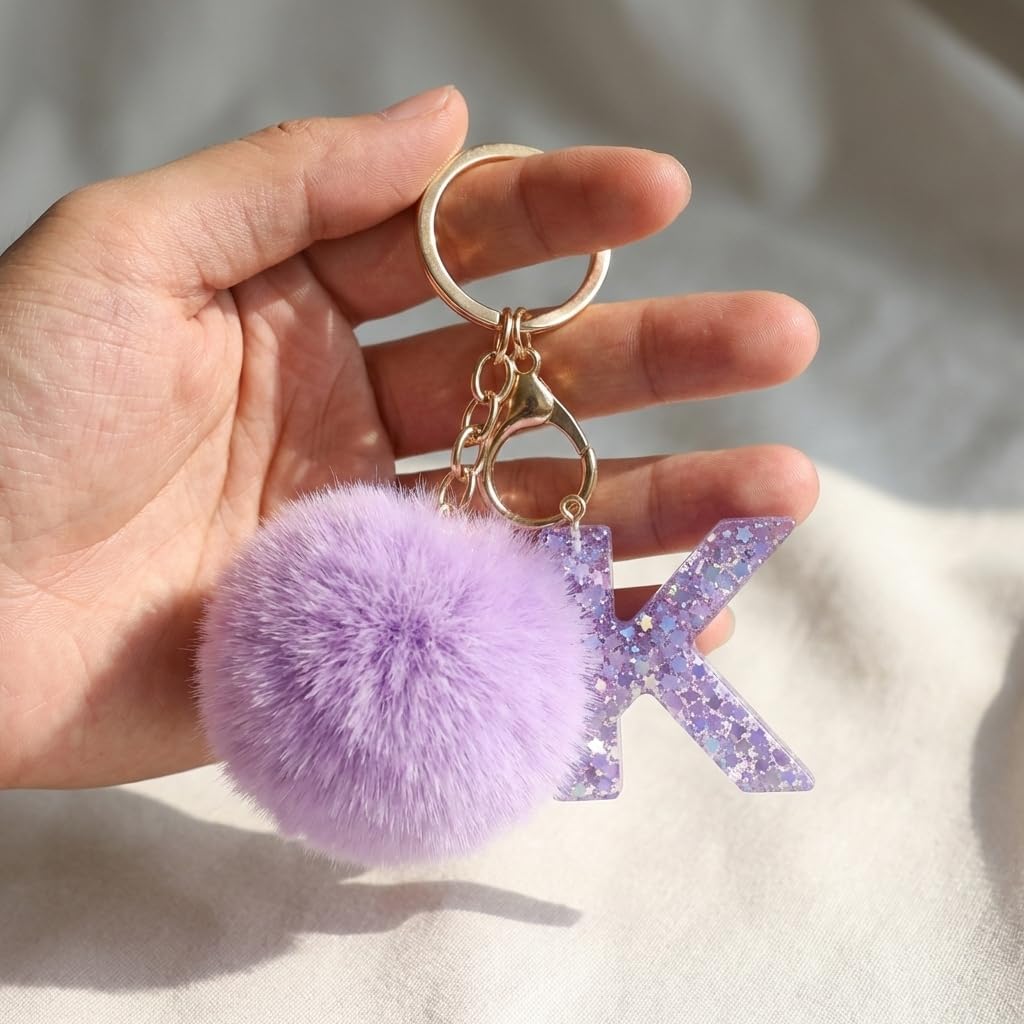 Letter K Keychain – Fluffy Ball Keychains Bag Charm for Women with Purple Pom Pom, Initial Name Key Chain Gifts for Girls, Friends, Family, Students image 3