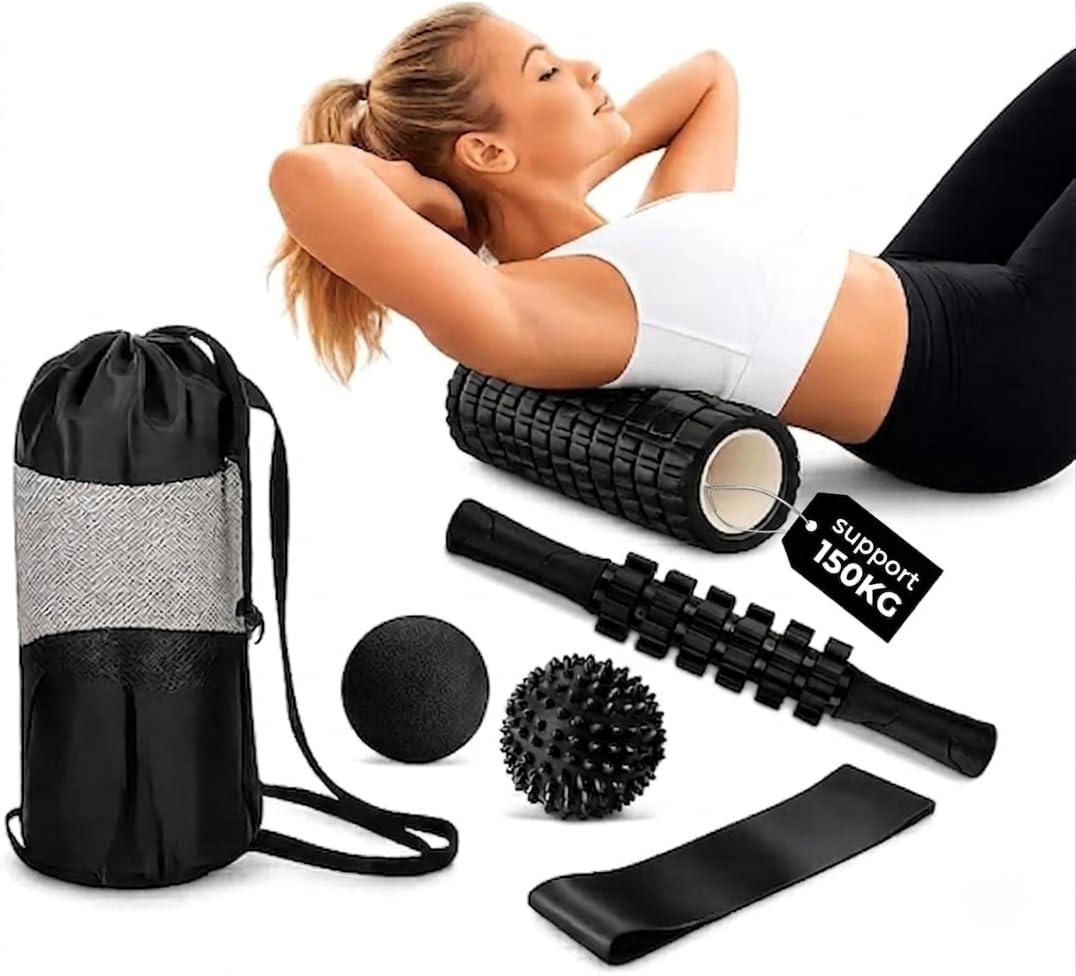 6 in 1 Trigger Point Foam Roller Set - High Density Foam Rollers for Muscles with Yoga Stick, Massage Ball, Stretching Strap, Spiky Ball, Carry Bag - Gym Equipment Set for Physical Therapy.