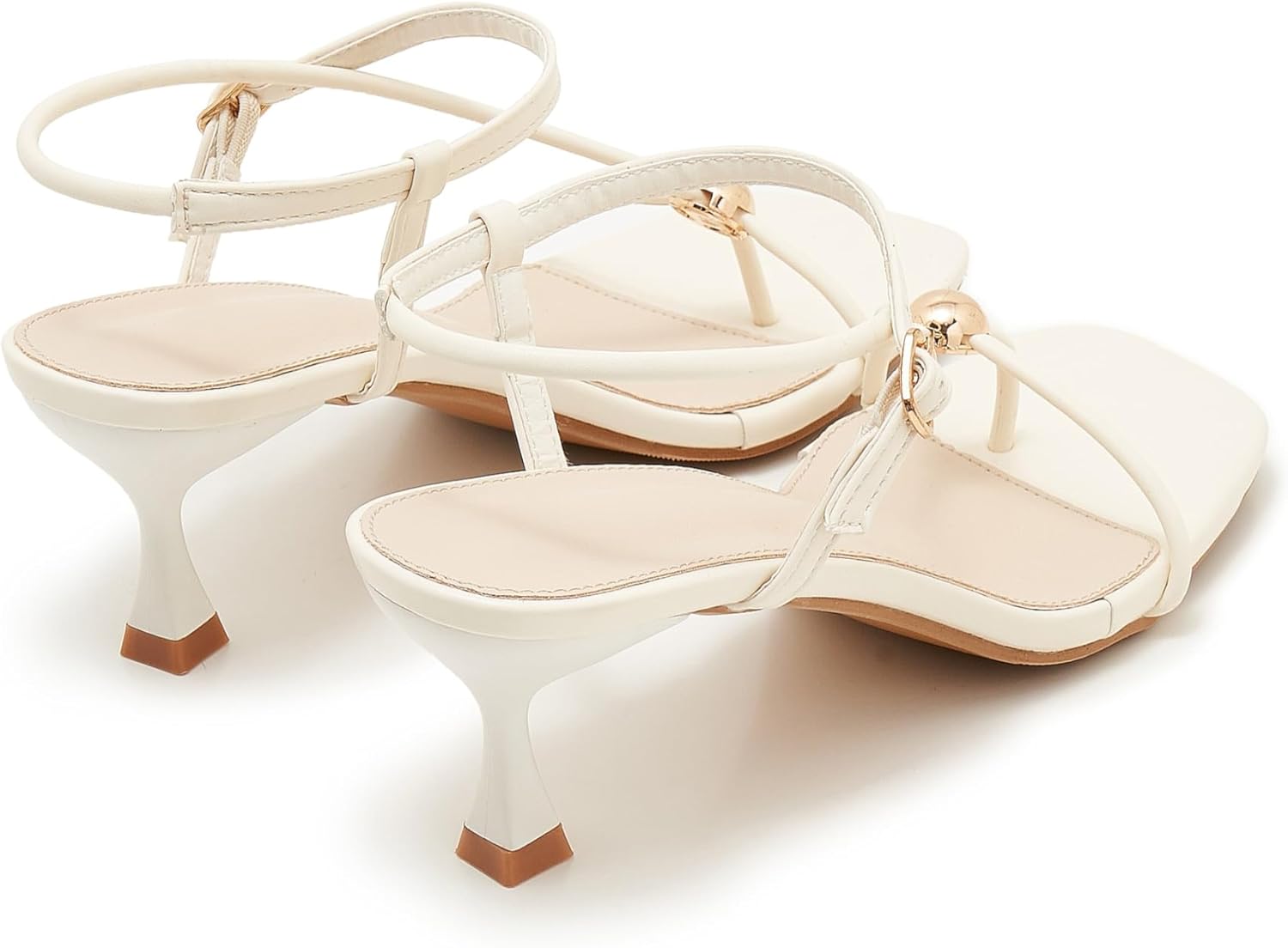 Black Women's Strappy Kitten Heel Sandals Open Square Toe T-Strap Heels with Gold Ball Detail Ankle Buckled Dress Shoes