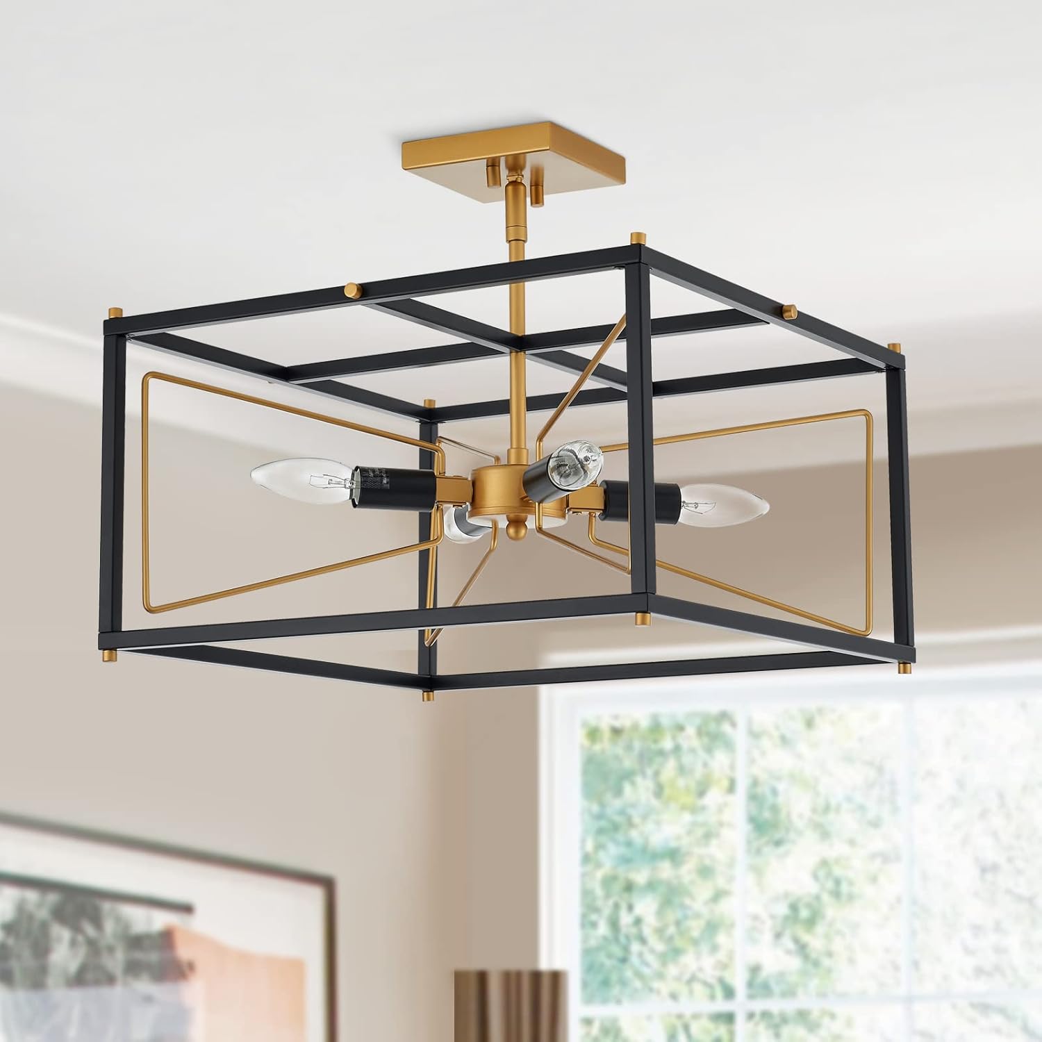 Industrial Semi Flush Mount Ceiling Light, Antique Brass Brush Paint and Black Finish Cage Mini Chandelier Mid Century for Porch Hallway Kitchen Bedroom Balcony 4-Light