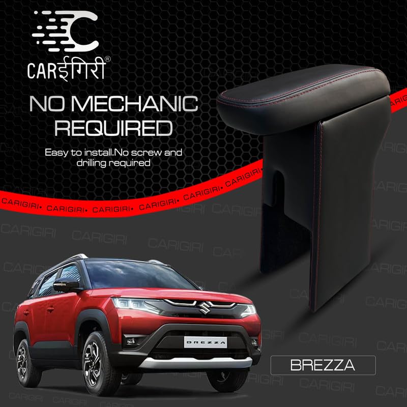 Image of Carigiri Premium Finish Car Armrest with Storage Box And High Density Moulded Foam For Maruti Suzuki New Vitara Brezza (Models-2022-2024) (Black With Red Double Stitching,Nappa Leatherette)