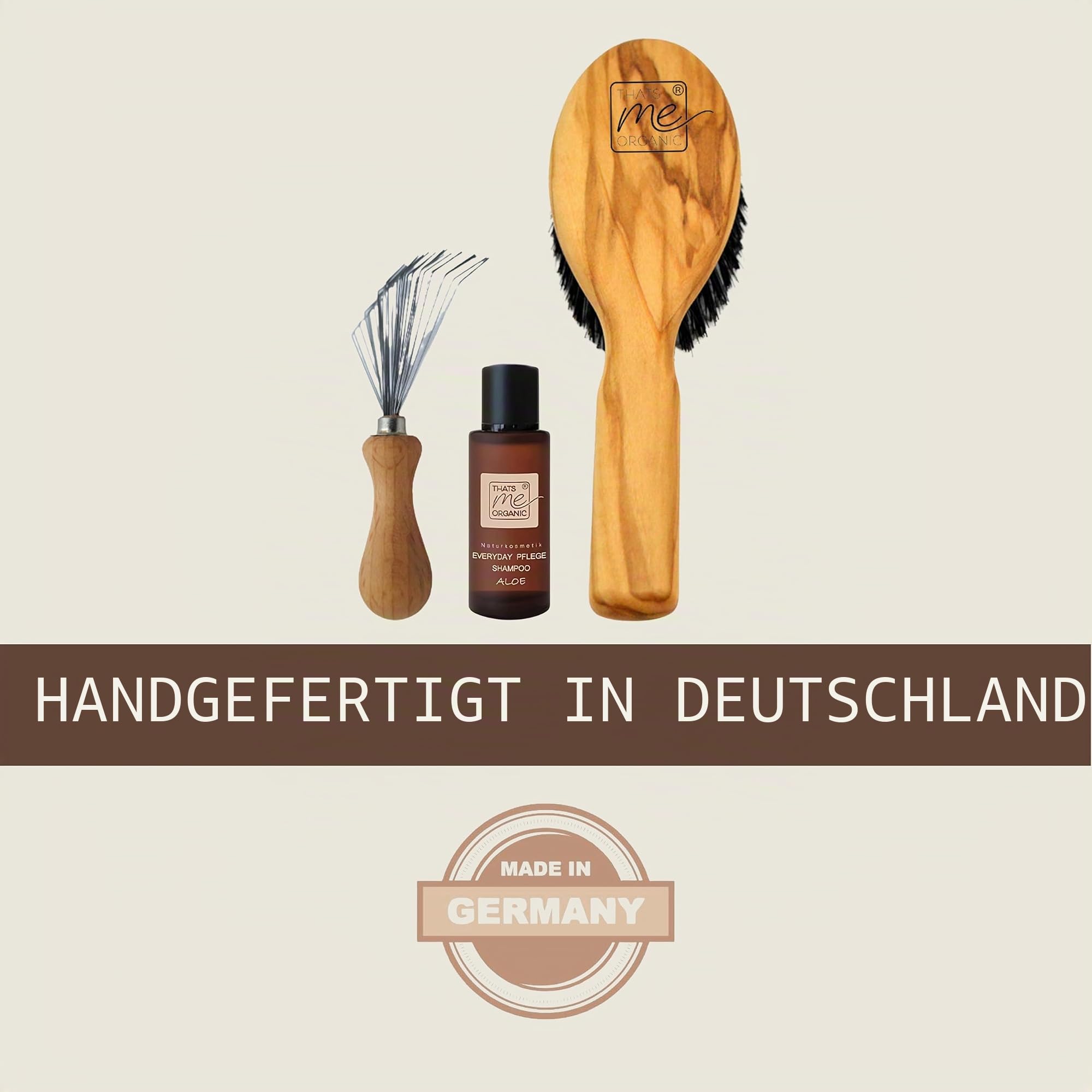 Thats me organic Spar Set Profi Haarbürste "Die Mediterrane" + Bürstenreiniger + 20 ml Pflege-Shampoo – Sleek Bun Bürste aus Wildschweinborsten, Haarbürstenreiniger und mildes Shampoo