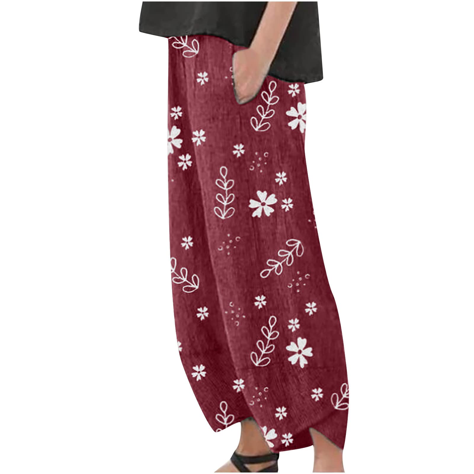 Capri Pants for Women Cotton Linen Wide Leg Capris Casual Summer Cropped Pants Beach Elastic Waist Baggy Crop Trousers