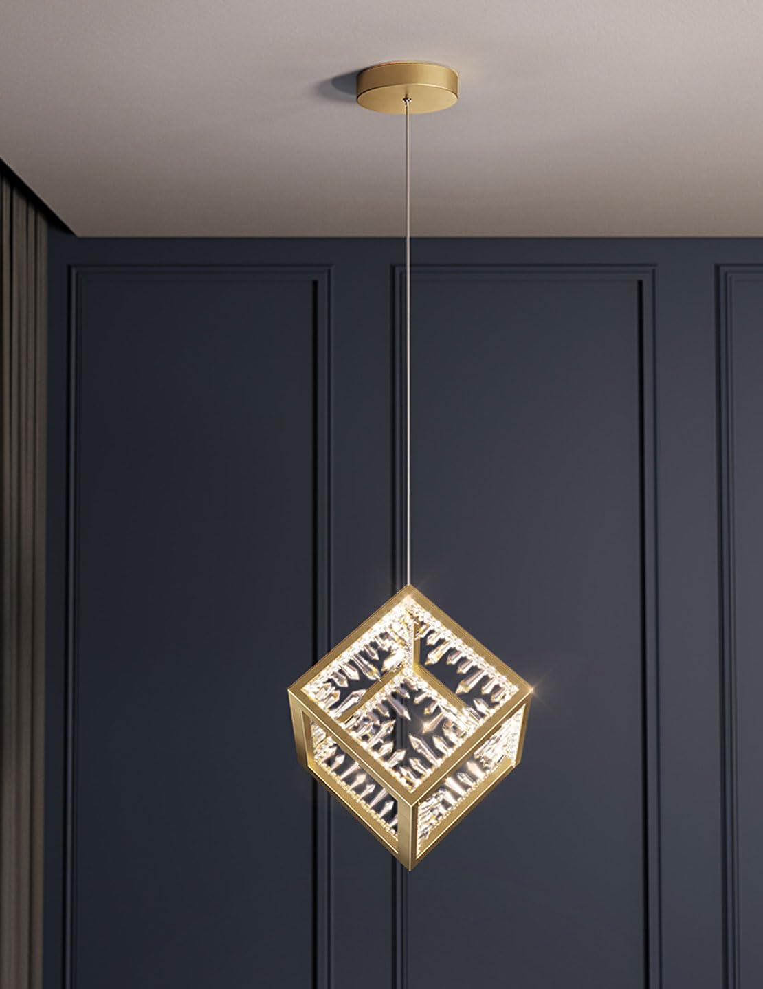 Lampa wisząca LED, żyrandole, LED z ekranem klatkowym, lampa sufitowa LED 24 W, szczotkowany mosiądz kryształ na wyspę kuchenną, jadalnię, ławkę