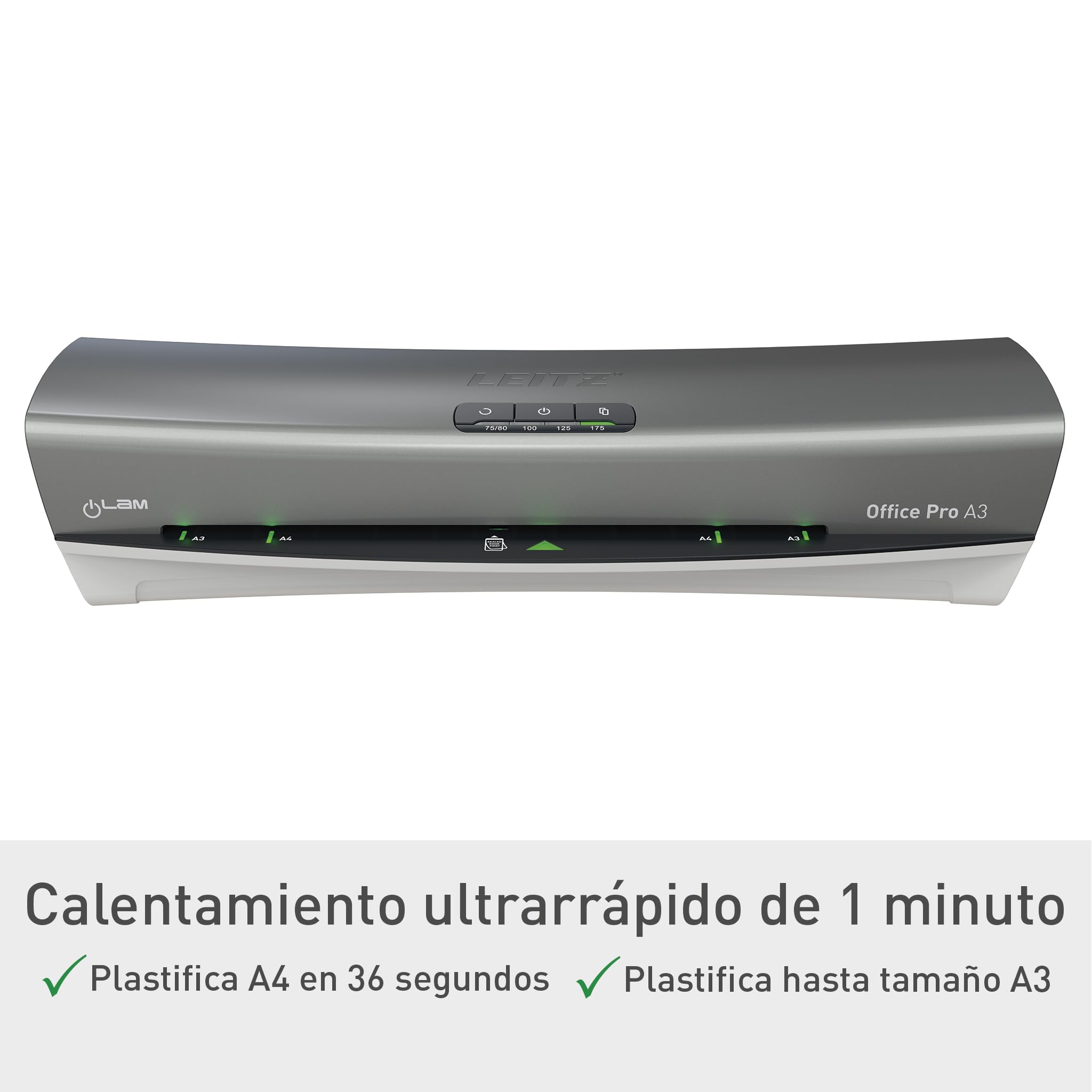 Leitz 75180084 -Plastificadora iLAM Office Pro A3, Calentamiento Ultra Rápido 1 Minuto, 75-125 Micras, Indicador LED Inteligente, Apagado Automático, Incluye 5 Fundas A4 para Plastificar, Gris/Blanco