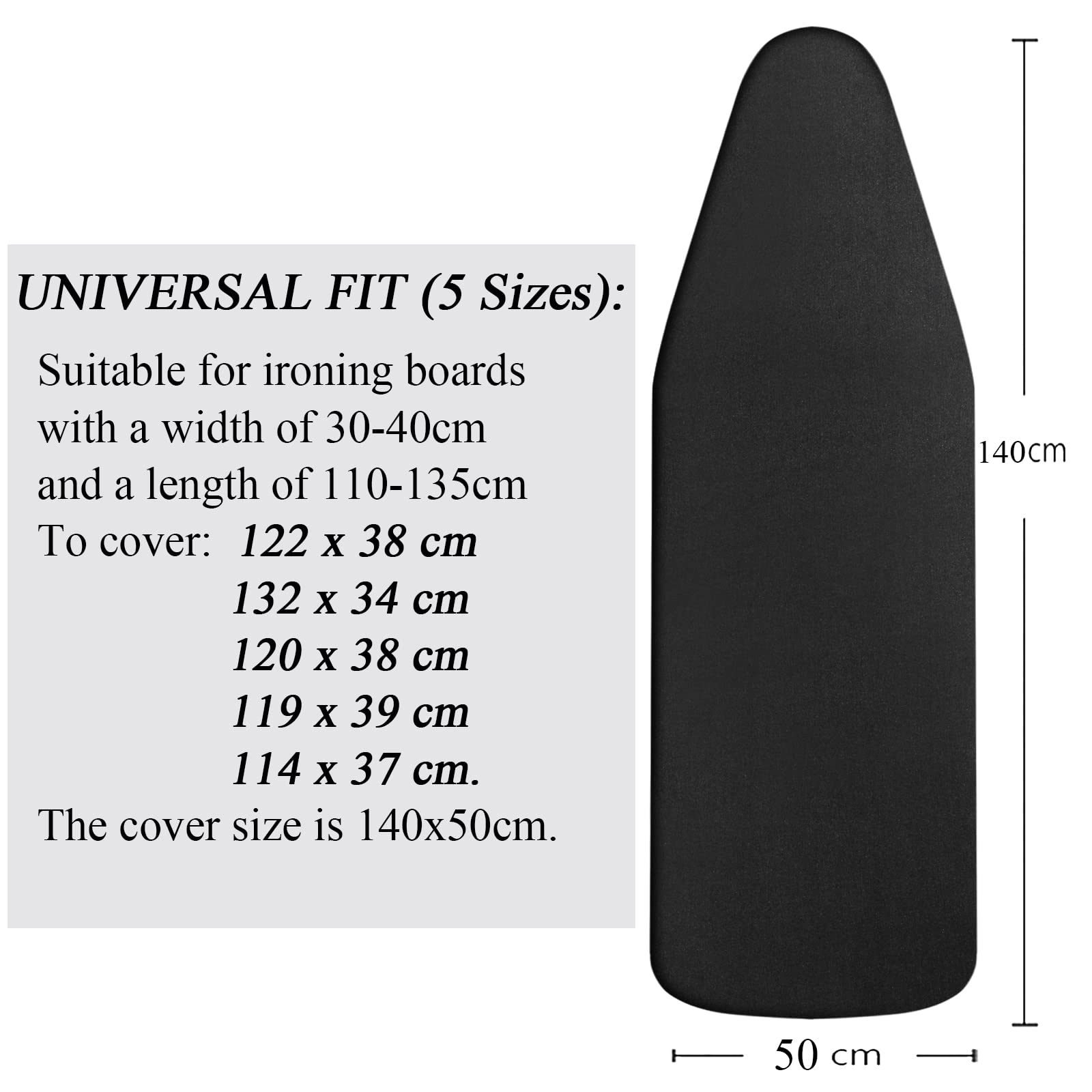 Copriasse da stiro, 140 x 45 cm, extra large, con top in 100% cotone e imbottitura spessa, facile da montare e resistente alle bruciature (nero, XXL)