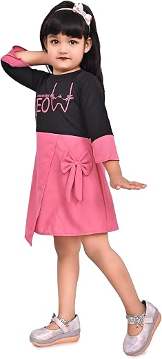 ER Life Style Kids, Girls and Baby Dress Cotton Blend Round Neck Meow Printed Knee Length Ruffle Fullsleeve Peach &amp; Black