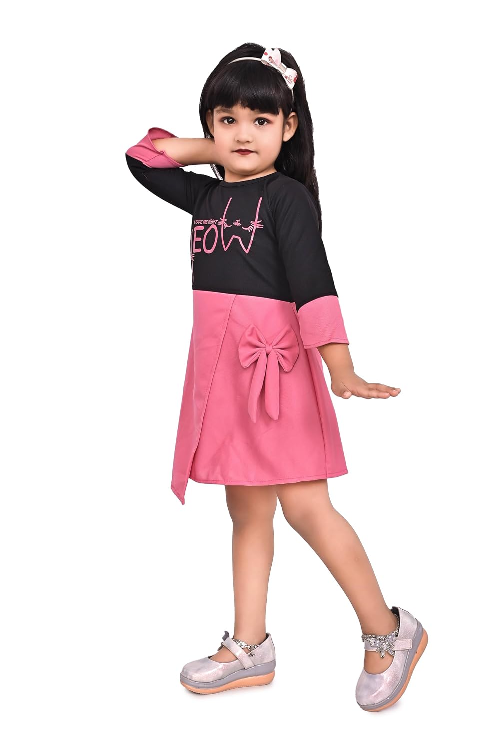 ER Life Style Kids, Girls and Baby Dress Cotton Blend Round Neck Meow Printed Knee Length Ruffle Fullsleeve Peach & Black - Review, Price and Buying Guide