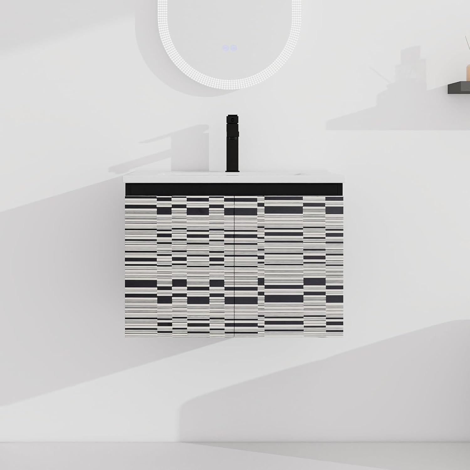 24 Inch Single Sink Bathroom Vanity - Wall Mounted With Ceramics Sink, Modern Floating Cabinet, Soft-Close Door & Hidden Handle, Black & White Piano